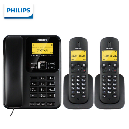 飞利浦(PHILIPS）无绳电话机 无线座机 子母机 办公家用 中文菜单 双免提 三方通话 DCTG182一拖二黑色 